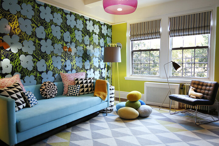 Warhol wallpaper and bright colored geometric pattern playroom on upper west side