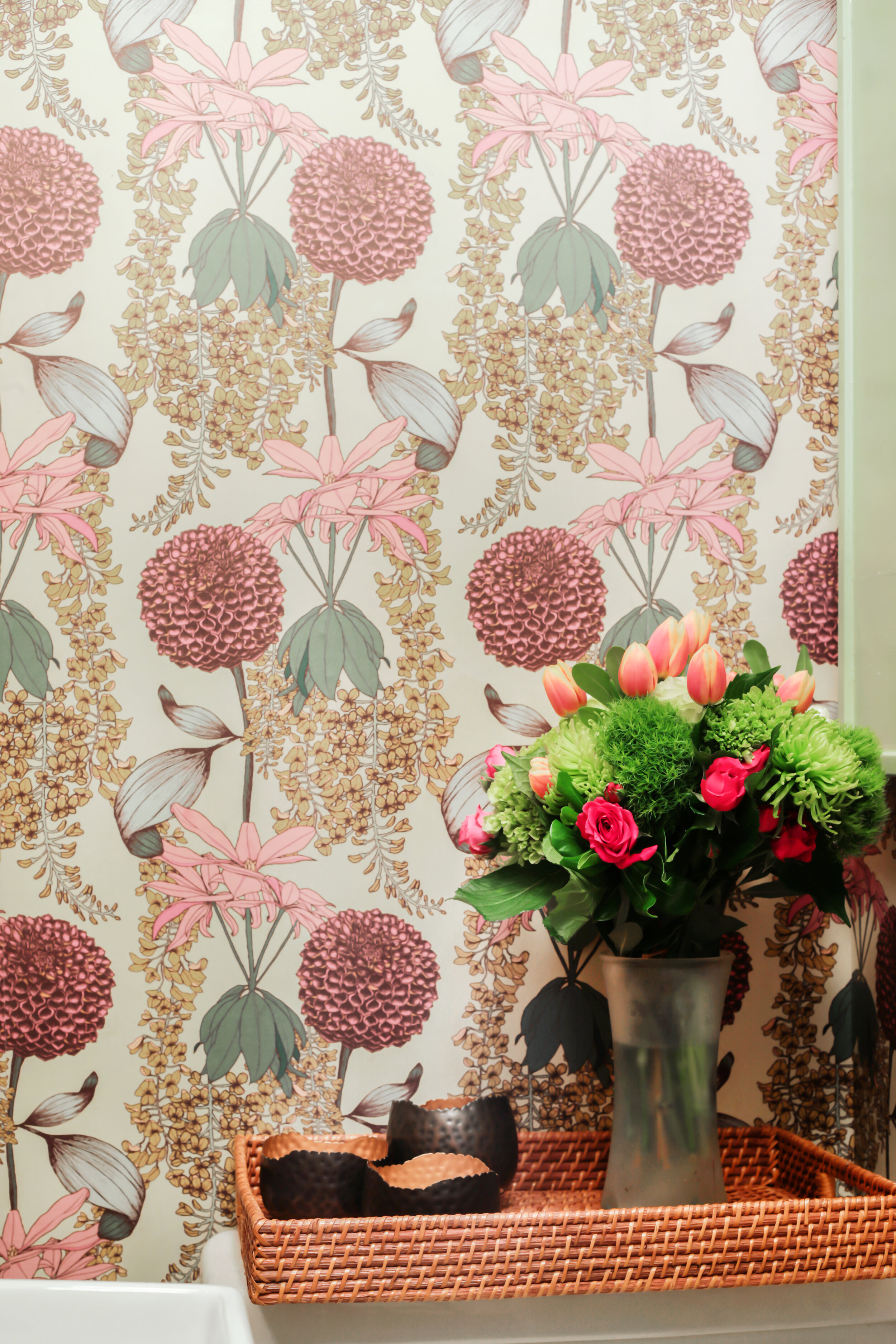 Detail of montclair New jersey powder room with English modern floral wallpaper and Millwork 
