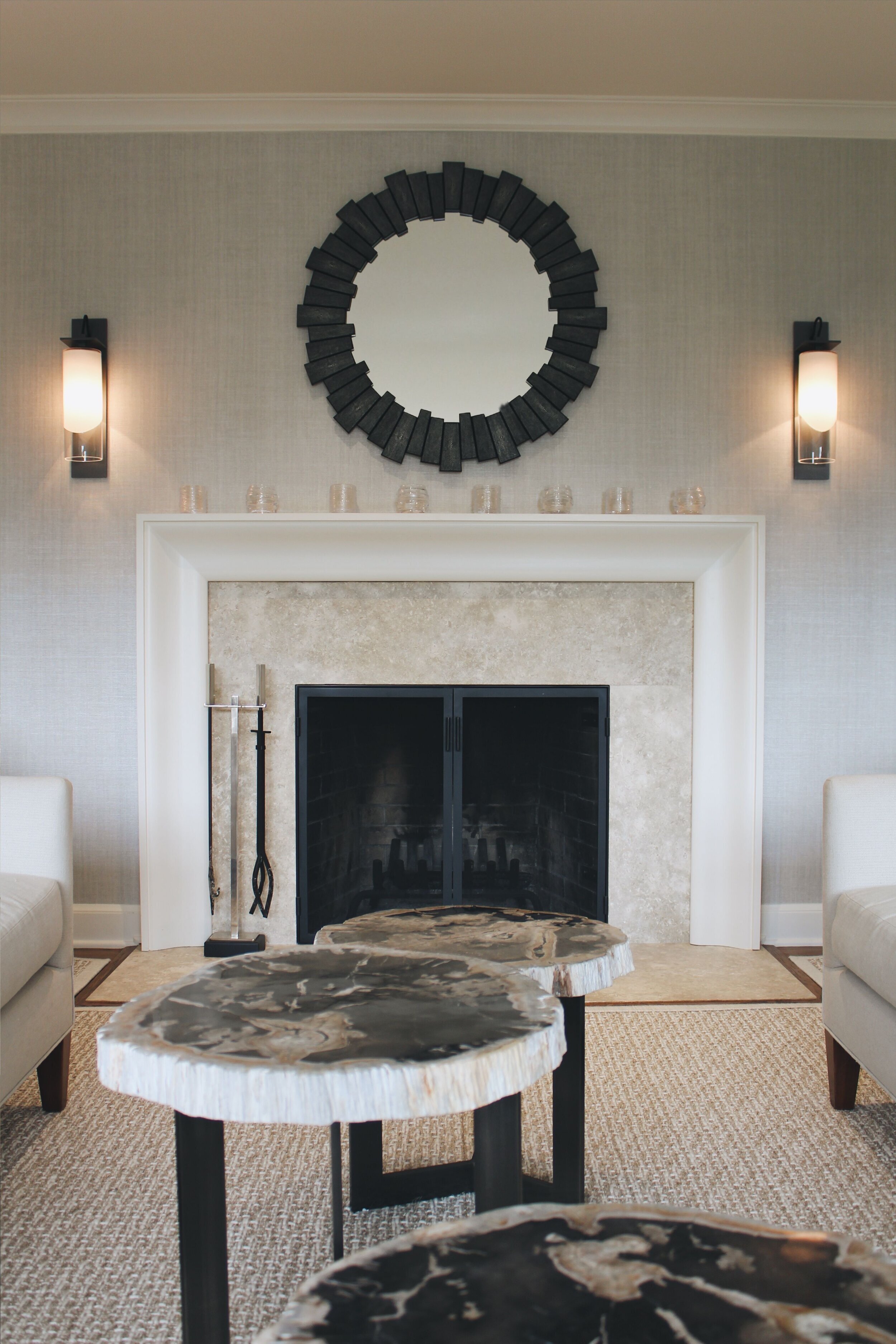 living room redesign_custom fireplace_upper montclair New Jersey_petrified wood coffee tables_sarah Elizabeth design  