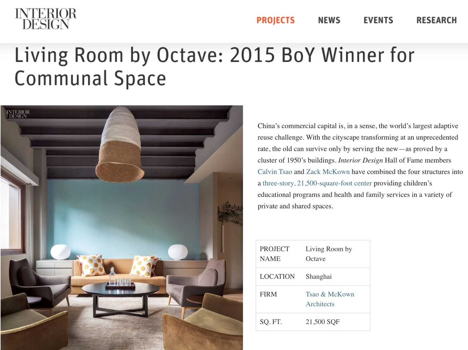 【Award】2015 Best of Year Award Communal Space - The Living Room by Octave