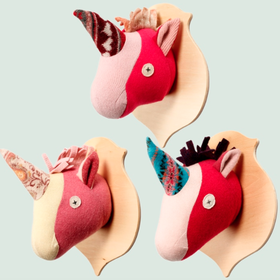 These unicorn wall decorations are made from recycled wool clothing and each set is completely unique. Each is filled with recycled polyester stuffing and made in Canada. These are perfect for children or for quirky decor lovers! 