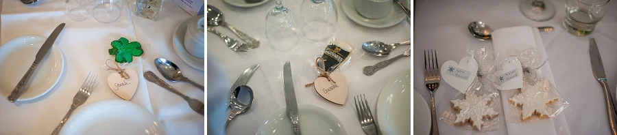 Iced biscuits and cookies. Irish themed with wooden labels and winter wedding themed with heart shaped labels.