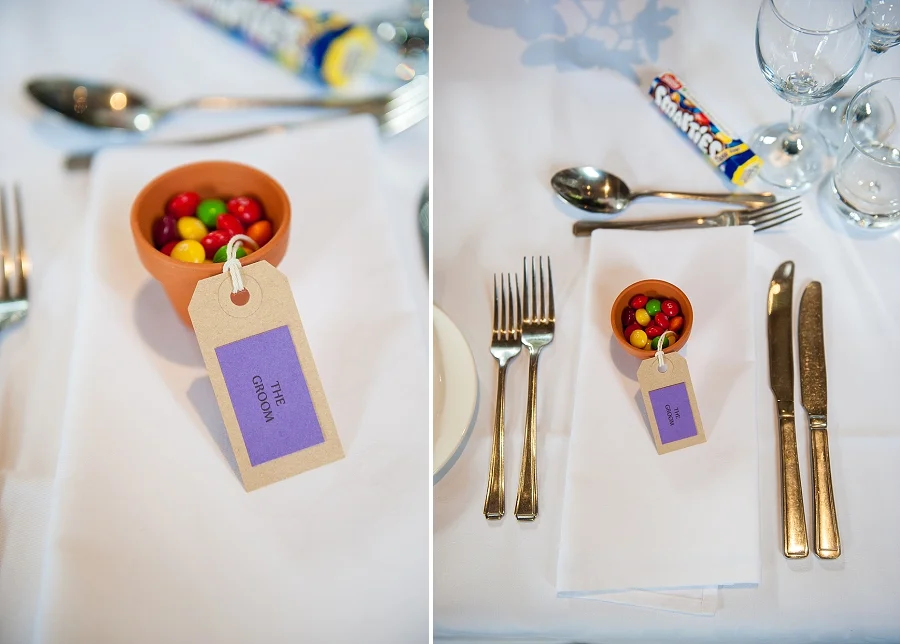 M&M's in minature pot plants with DIY luggage tag labels
