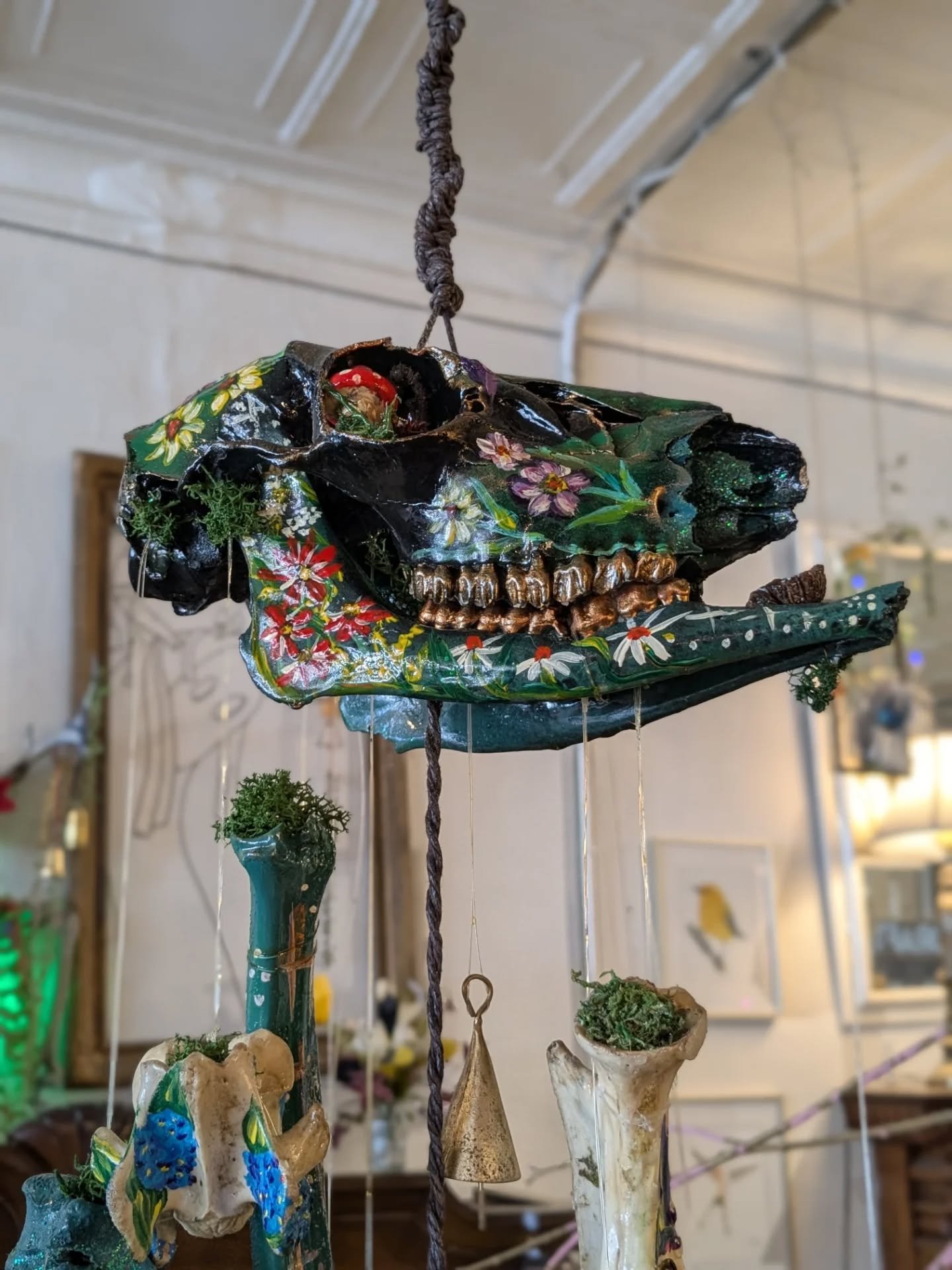We're currently hosting the whimsical and colorfully macabre art of @magickally_morbid777 here at the cafe. So as your eyes wander there's more surprises to check out! Also, all pieces are available for purchase.🌿🦴 🌼
