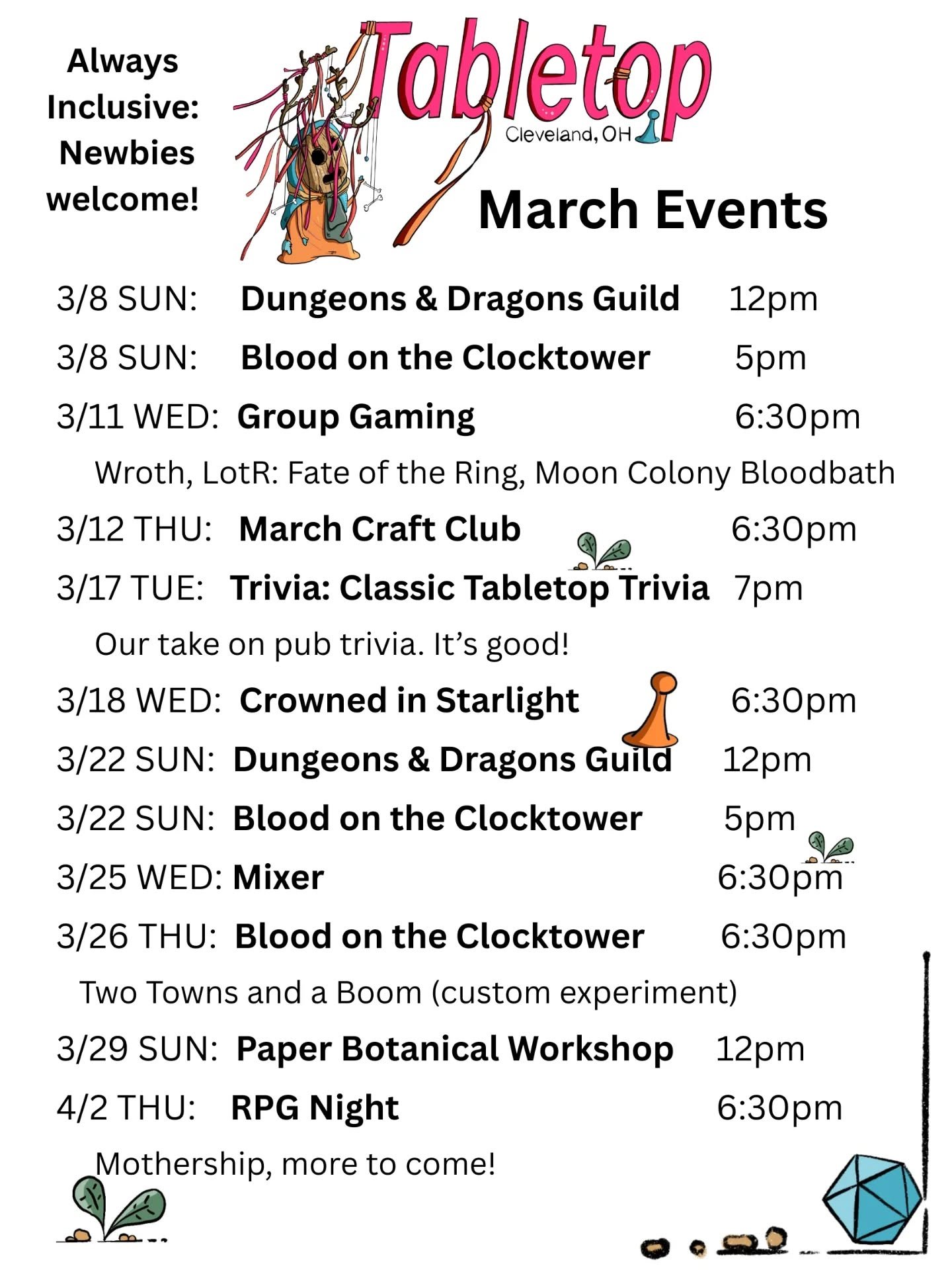 Events, Games, Workshops, RPGs, Trivia! Always a little bit of everything! Come hang out! Signups in the bio! Workshop tickets on the website!!