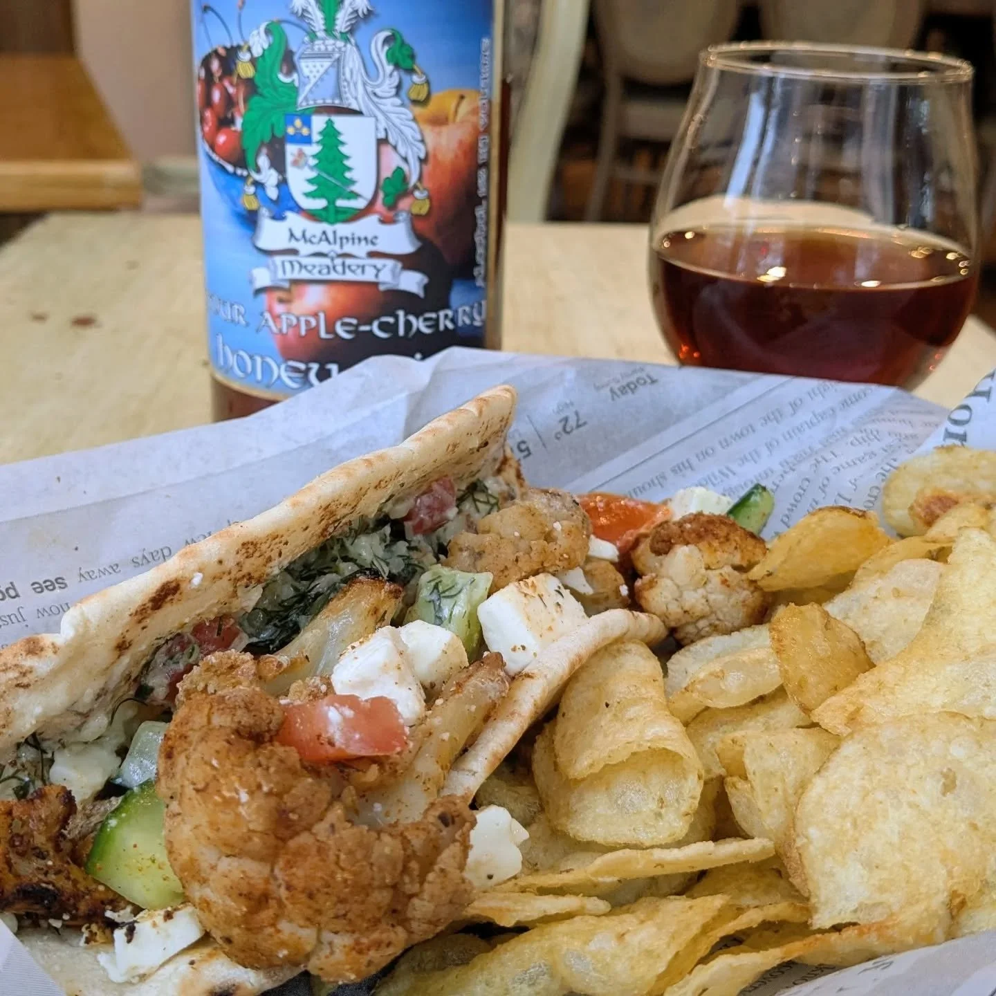 🥦Monthly Specials!! 🥦 We've got a Greek Pita  wrap stuffed with cucumber, feta, tahini and your choice of chicken OR cauliflower! AND the Sherly Temple Strawberry Ice Cream Float 🍦. Come check em out!