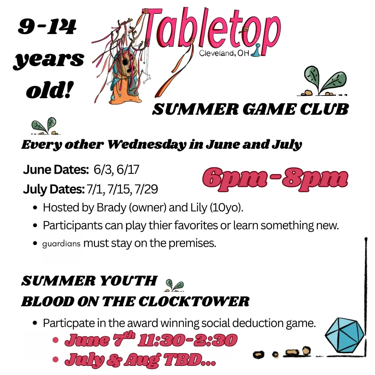 Let's coordinate some of these gamer kids, so they can share their hobby with their peers! We're going to run some games on Wednesdays in June and August with the hopes of a small group being able to get together and play. Kids can play whatever they