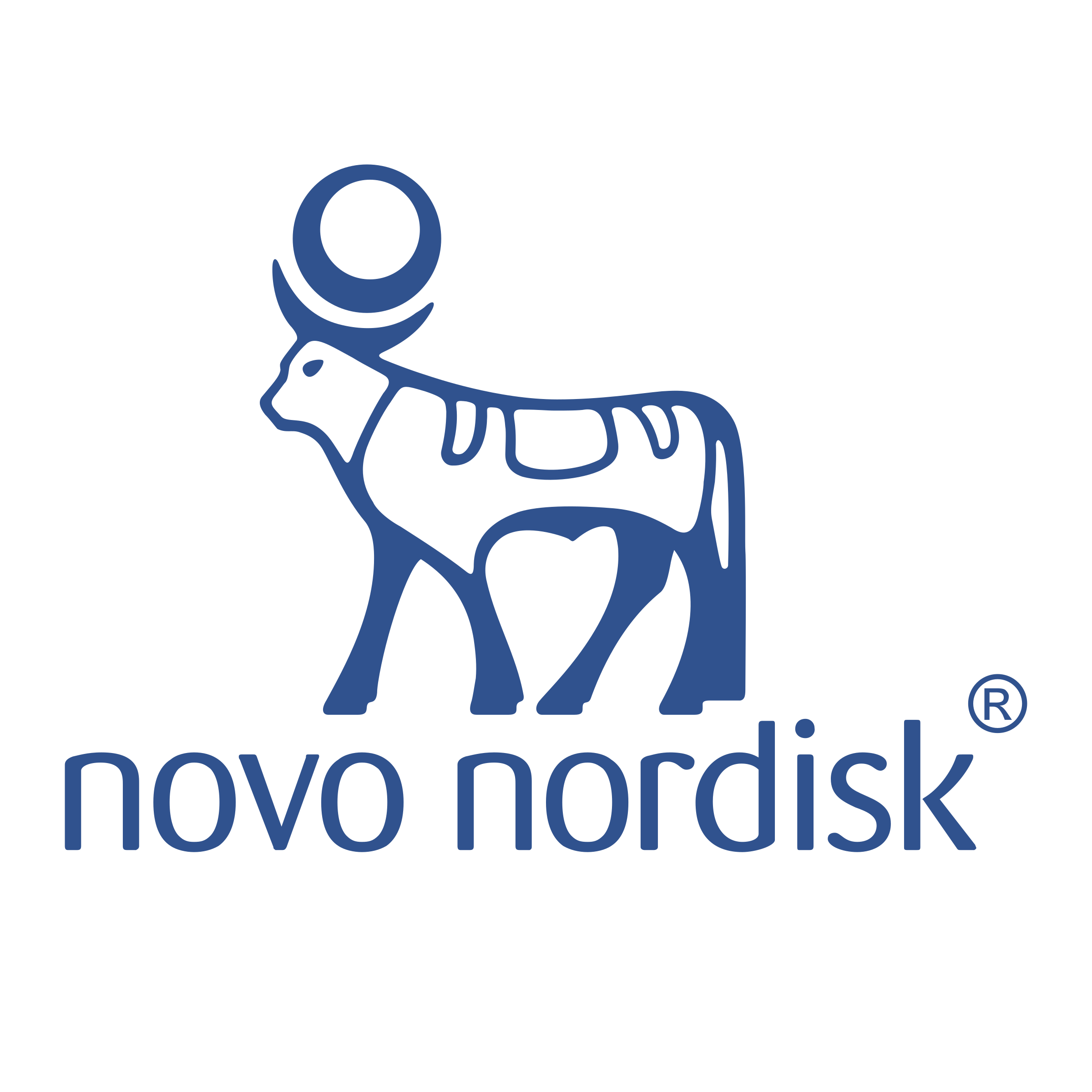 Logo of Novo Nordisk featuring a stylized blue bull with a circle above its back, with the words 'novo nordisk' underneath.