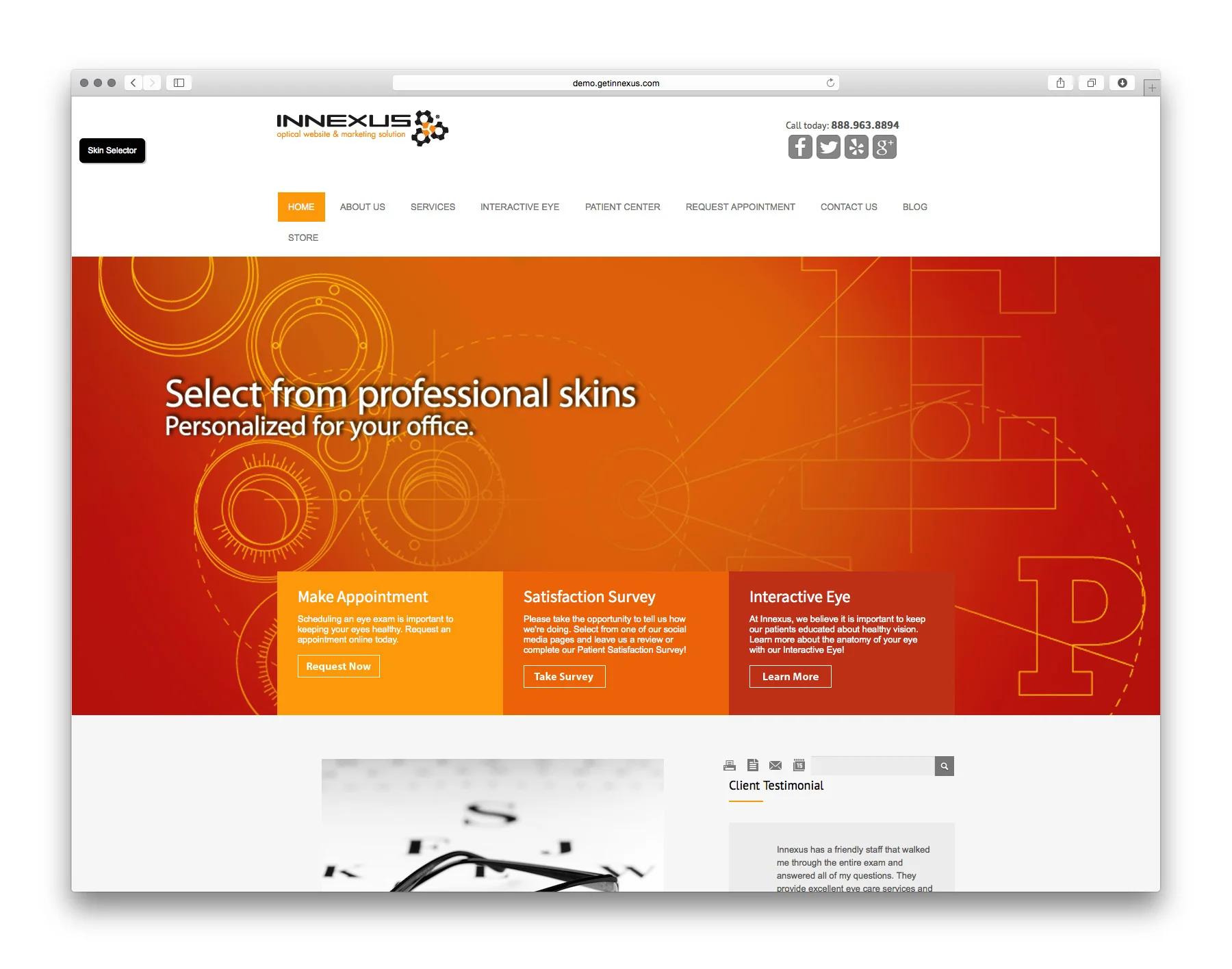 Screenshot of a website called Innexus offering professional skins for offices, with options to make an appointment, complete a satisfaction survey, and learn about interactive eye care services.