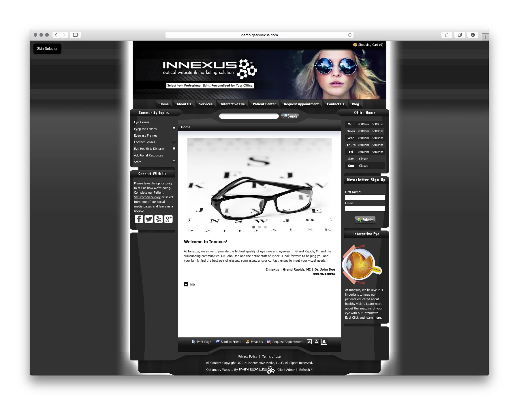 A website homepage for an eye care and eyewear business with a black and gray color scheme, featuring an eyeglass logo, a slideshow of glasses, and contact information.