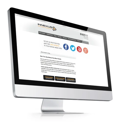 Computer monitor displaying a social media and digital marketing website called Innexus.