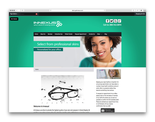 Screenshot of a website homepage for INNEXUS, a company specializing in professional skin care, featuring a smiling woman with curly hair and a section about personalized office skin solutions.