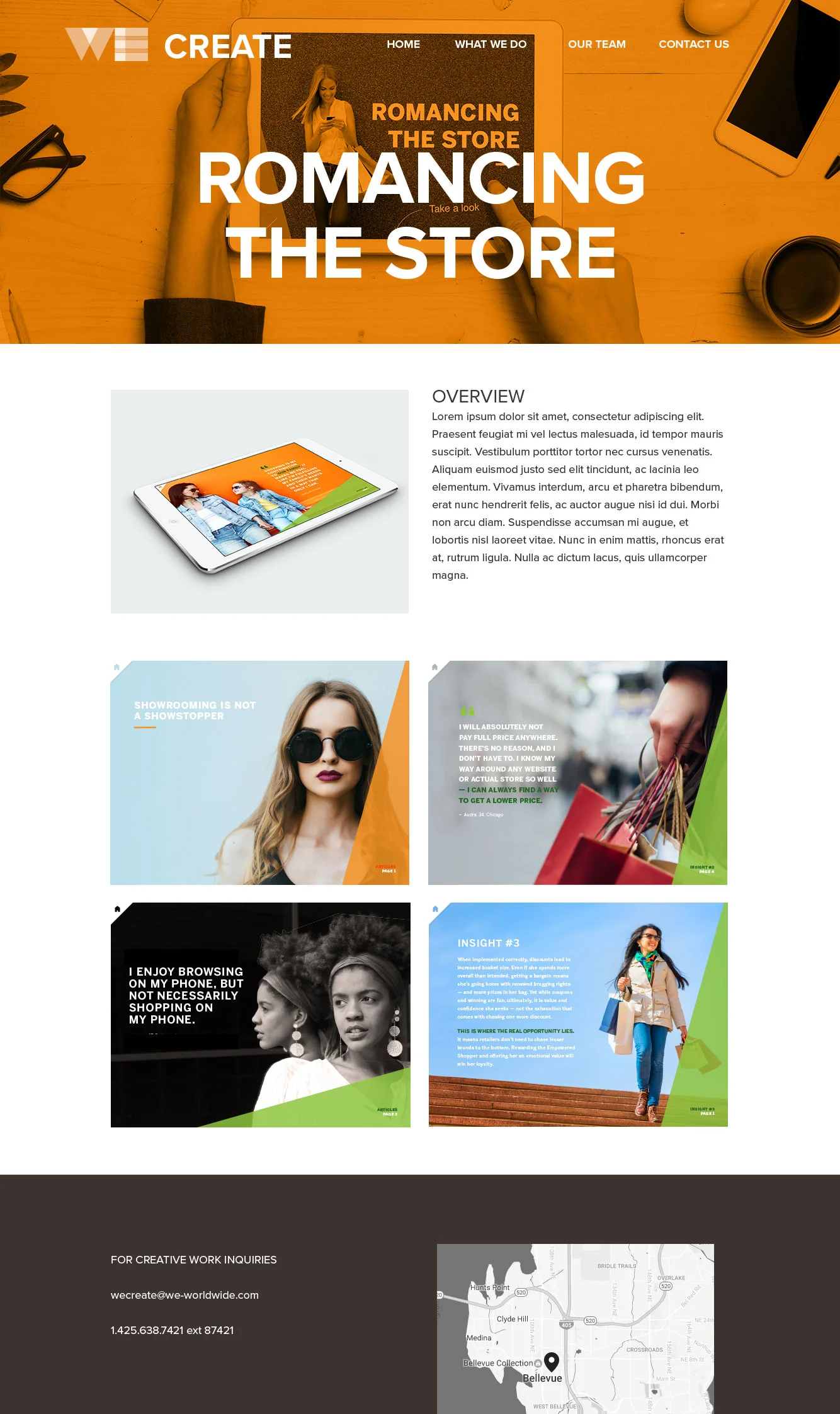A digital marketing agency's website homepage with an orange themed header that reads "Create" and a large overlay text "Romancing the Store". The page features images of a tablet with a marketing page, a woman wearing sunglasses, a hand holding shopping bags, and two women looking at a phone. There is a section with an overview of the company's services and a footer with contact information and a map of Bellevue.