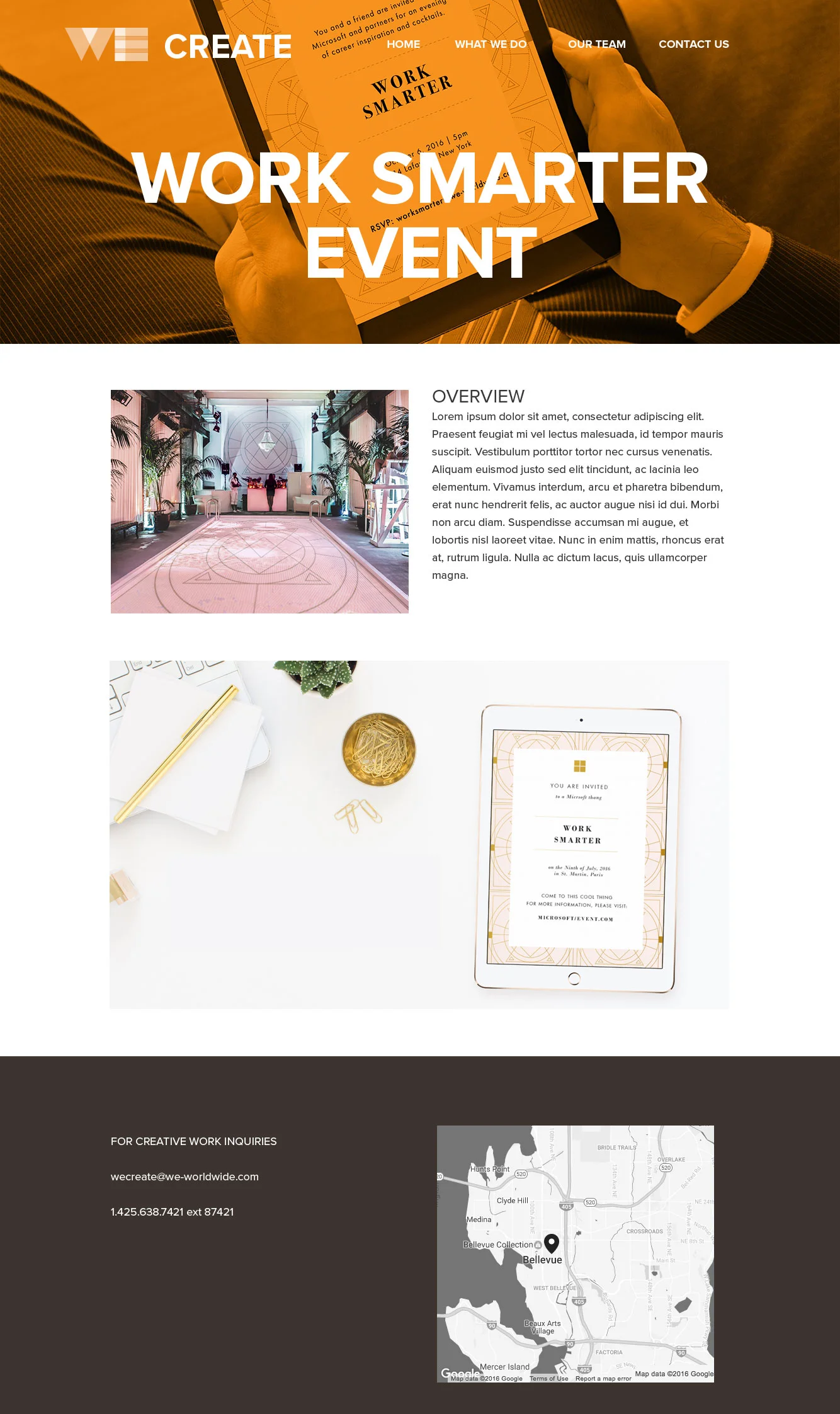 Screenshot of a website promoting a 'Work Smarter' event. The top section shows large white text over an orange-tinted image of a person holding a smartphone. The middle section features a photo of a modern event space with plants, a pink glow, and minimalist decor, along with a text overview. Below, there's an image of a white workspace with a tablet displaying the event invitation, a gold pen, a small plant, a gold paperclip holder, and a gold paperclip. The footer contains contact information and a map of Bellevue, Washington.