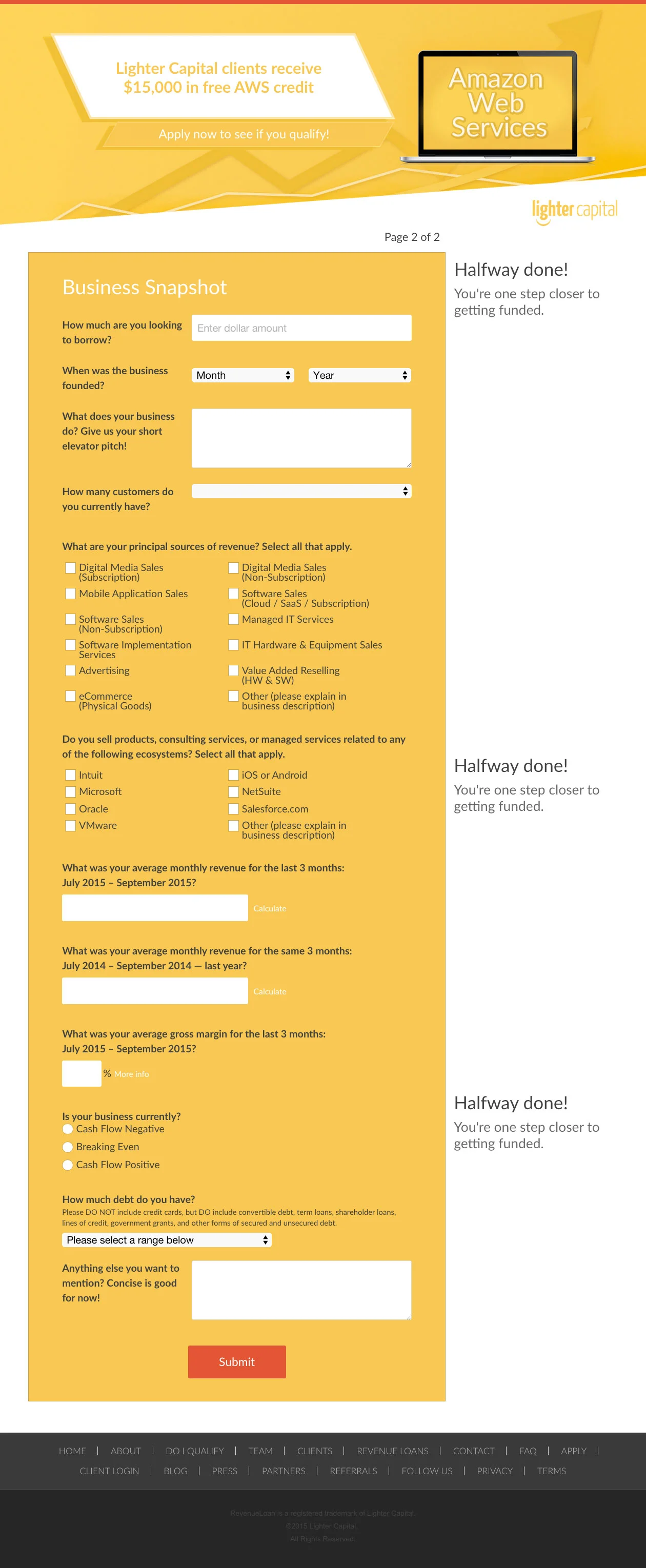 A digital screenshot of a loan application webpage by Lighter Capital for Amazon Web Services clients, featuring orange, white, and black colors and various fill-in fields for financial and business information.