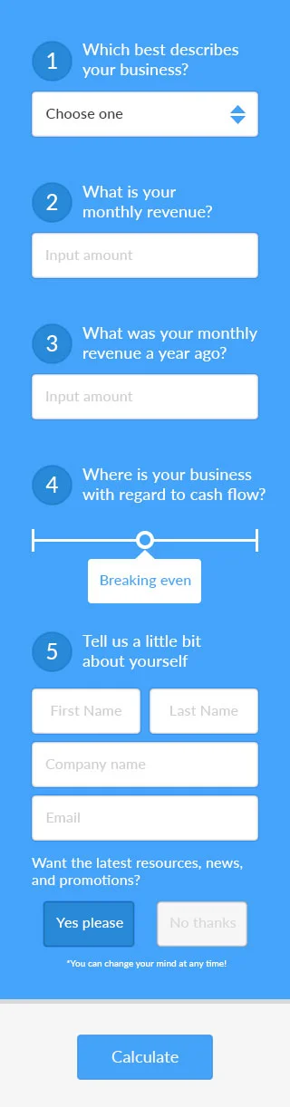 A mobile-friendly online business survey form with five questions including business type, monthly revenue, last year's revenue, cash flow status, and personal details, ending with a 'Calculate' button.