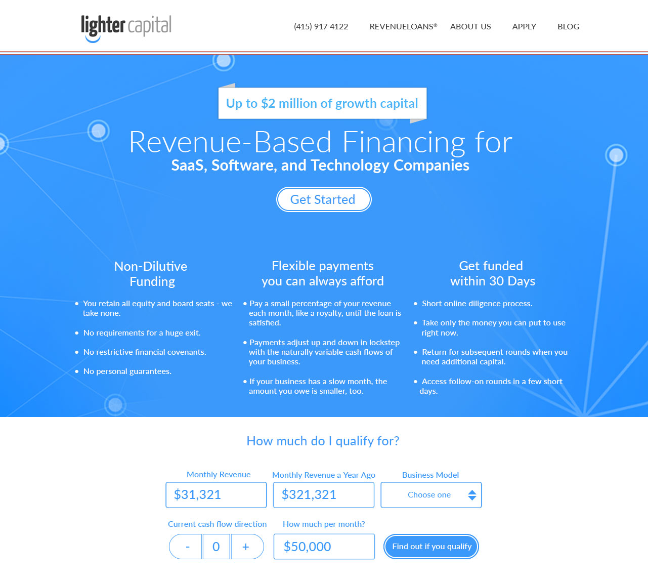 Screenshot of Lighter Capital website promoting revenue-based financing for SaaS, software, and technology companies, featuring a 'Get Started' button, benefits like flexible payments, and a qualification calculator.
