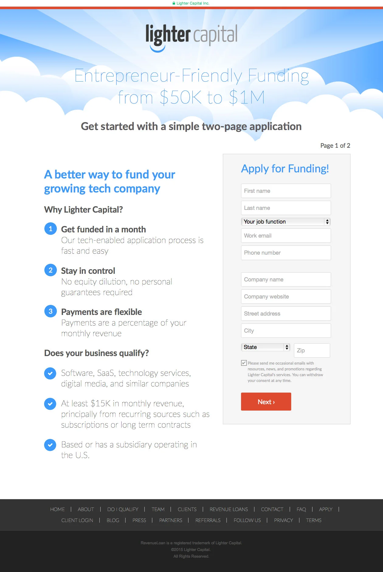 A webpage from Lighter Capital offering entrepreneur-friendly funding from $50K to $1M, with a two-page application form and benefits of quick funding, control, and flexible payments for tech companies.