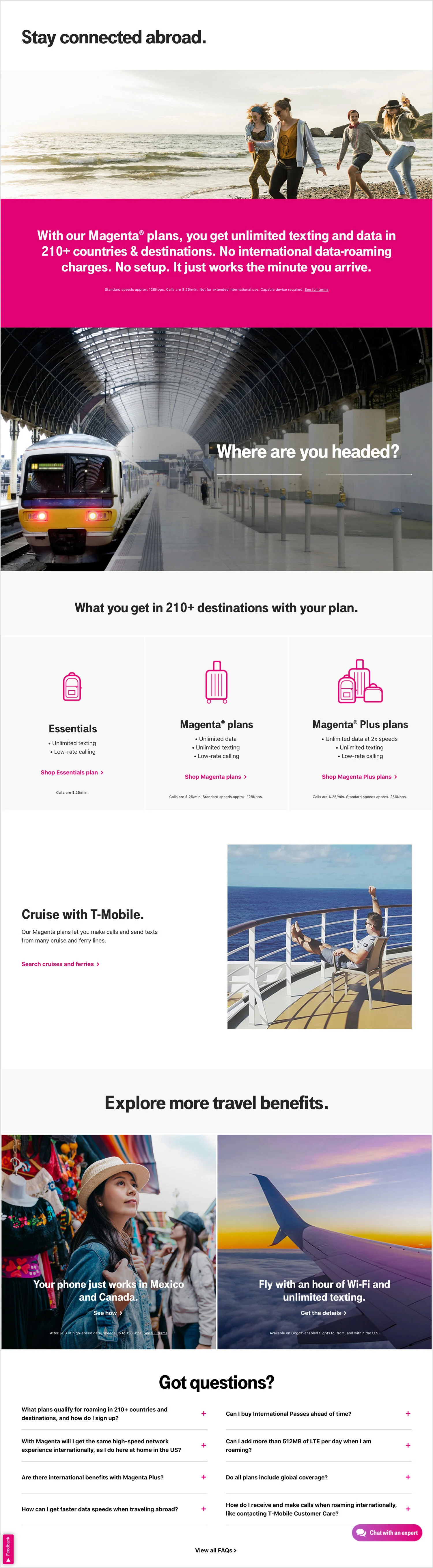 Travel advertisement showcasing mobile plans with images of people on the beach, at a train station, and on a cruise, emphasizing international connectivity and travel benefits.