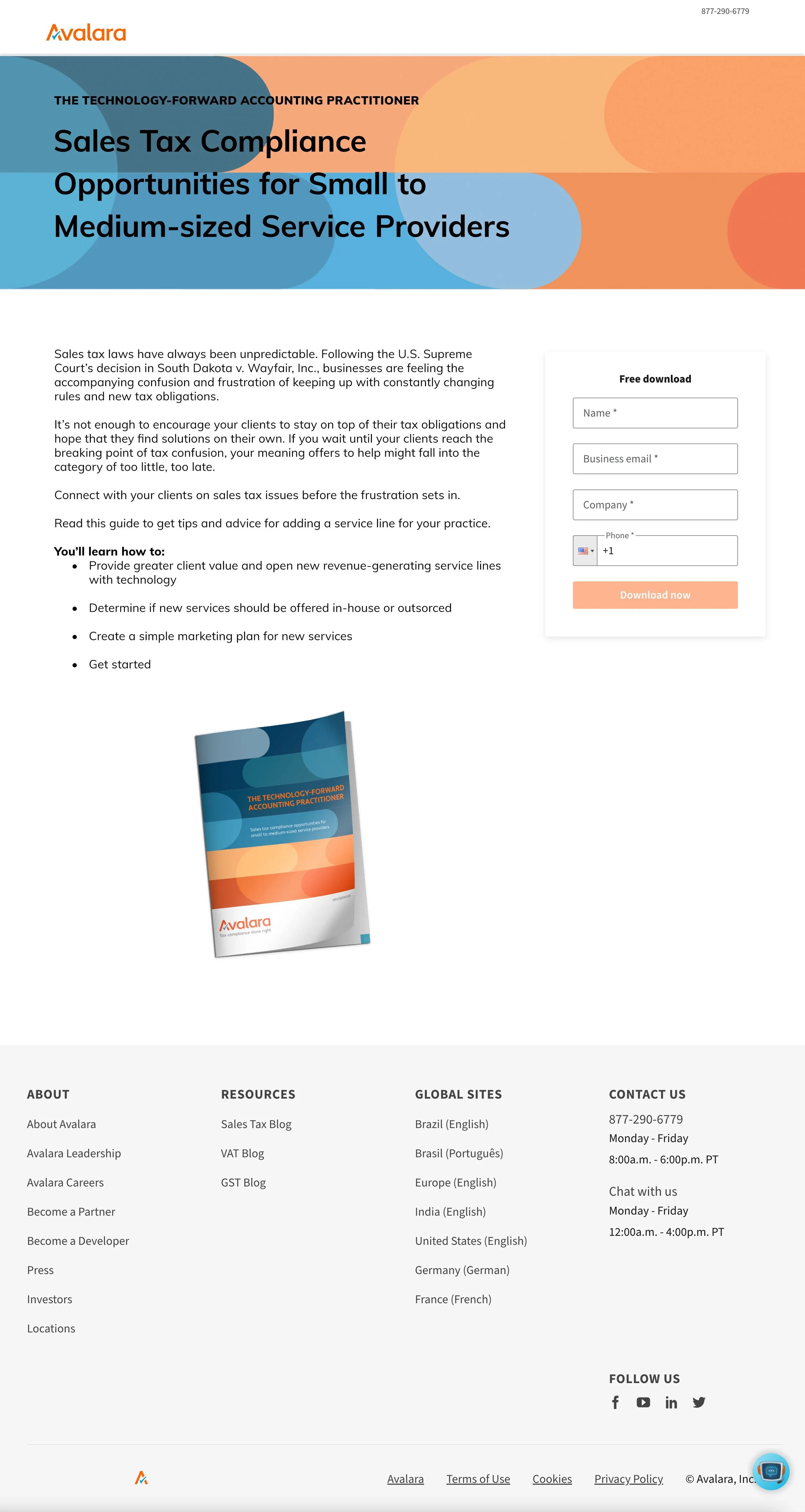 Web page about sales tax compliance opportunities for small to medium-sized service providers, featuring a downloadable guide and contact form.