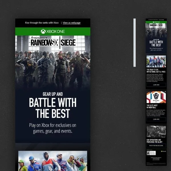 Xbox One Rainbow Six Siege promotional flyer featuring tactical soldiers, with additional smaller advertisements for Rainbow Six Siege and other gaming content.