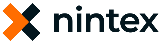 Nintex logo with an orange arrow and teal accent on the left, and black text reading 'nintex' on a white background.