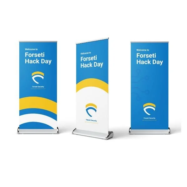 Three vertical banners with a blue, yellow, and white color scheme, displaying the text 'Welcome to Forseti Hack Day' and the Forseti Security logo.
