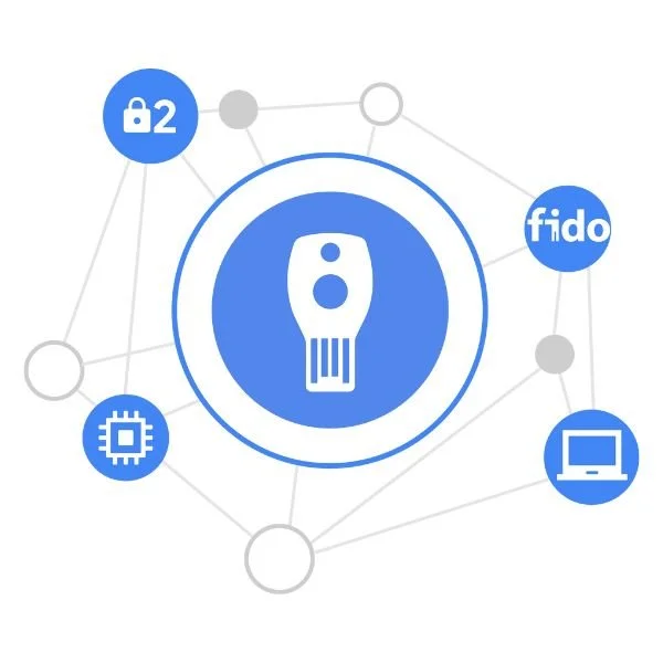Central icon of a fingerprint scanner surrounded by icons representing security lock, microchip, Fido logo, and computer network connections.