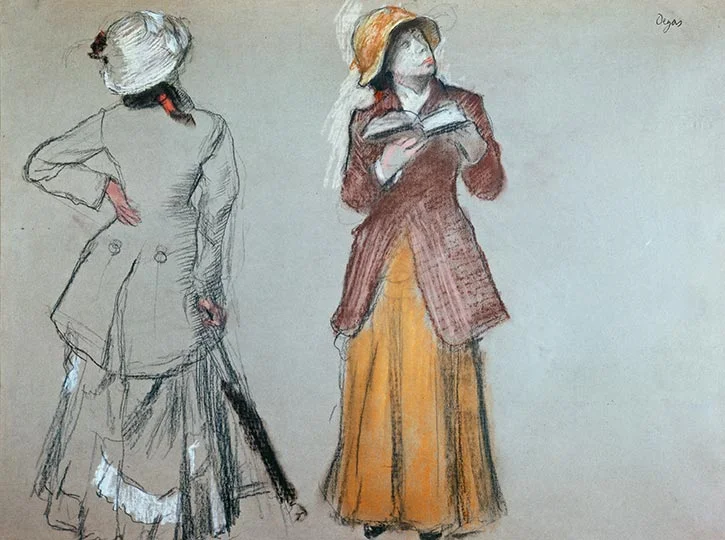 Edgar Degas, Two Studies of Mary Cassatt at the Louvre , 1879, charcoal and pastel on gray wove paper, Private collection, New York