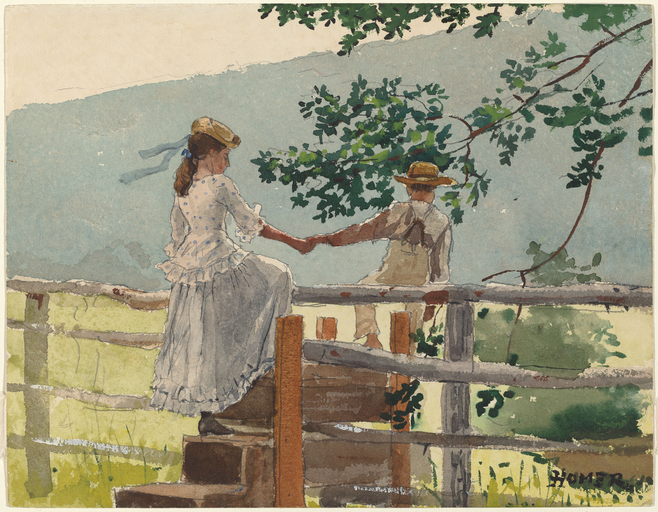 Winslow Homer On the Stile, 1878 watercolor, gouache, and graphite on wove paper sheet: 22 × 28.4 cm (8 11/16 × 11 3/16 in.)
