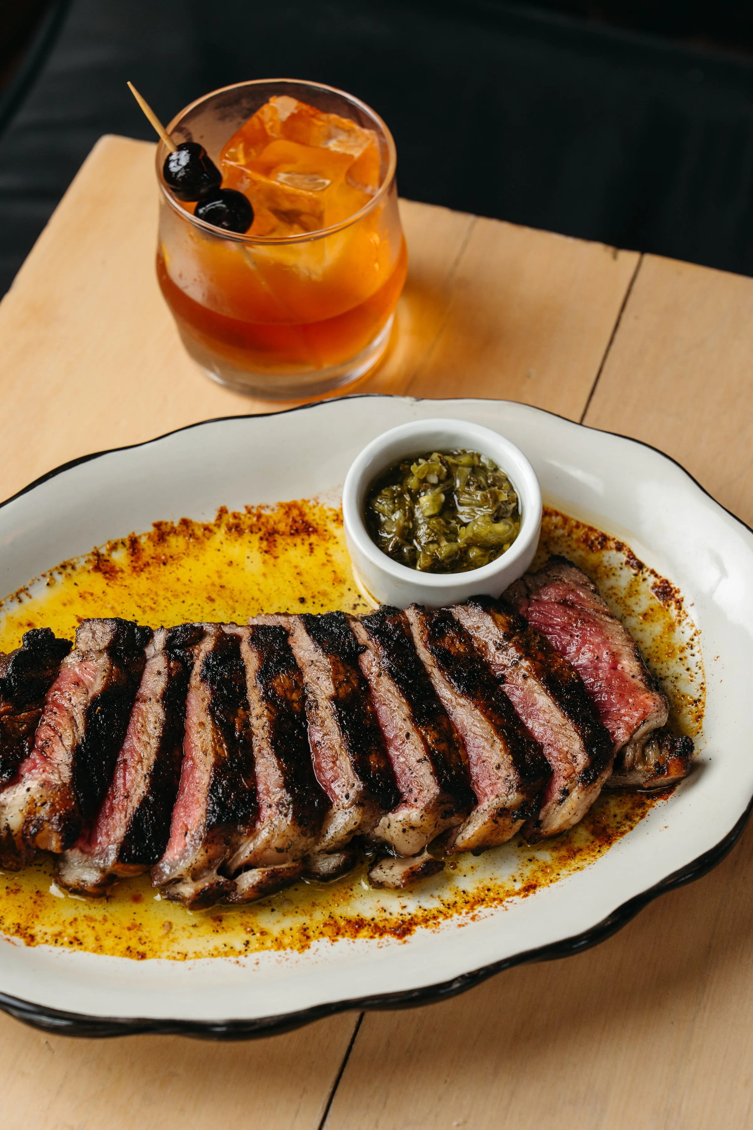 New York strip cooked over a live hardwood fire at Butchertown Hall