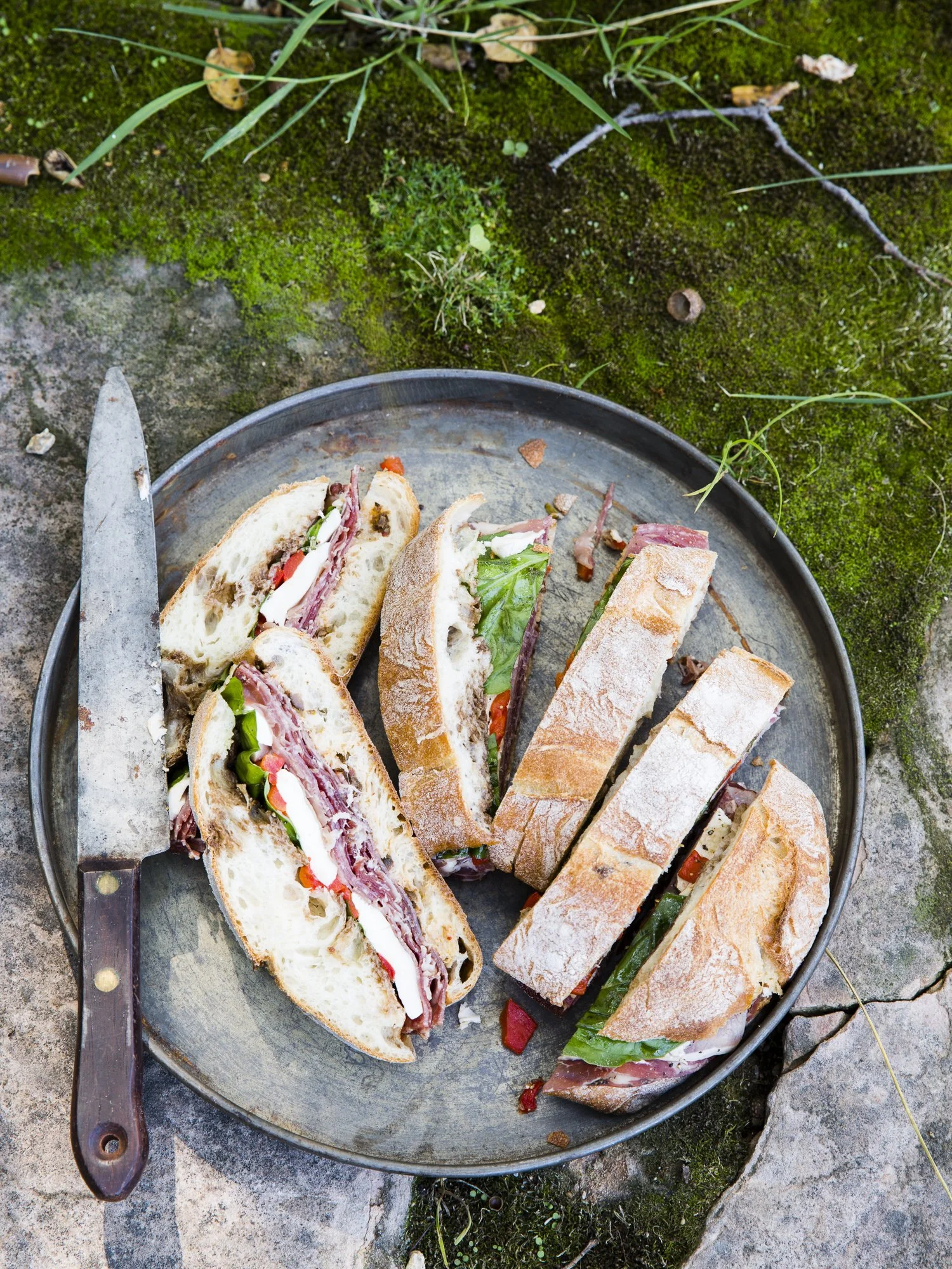 Sandwiches on a round metal tray placed on a mossy and rocky ground outdoors.