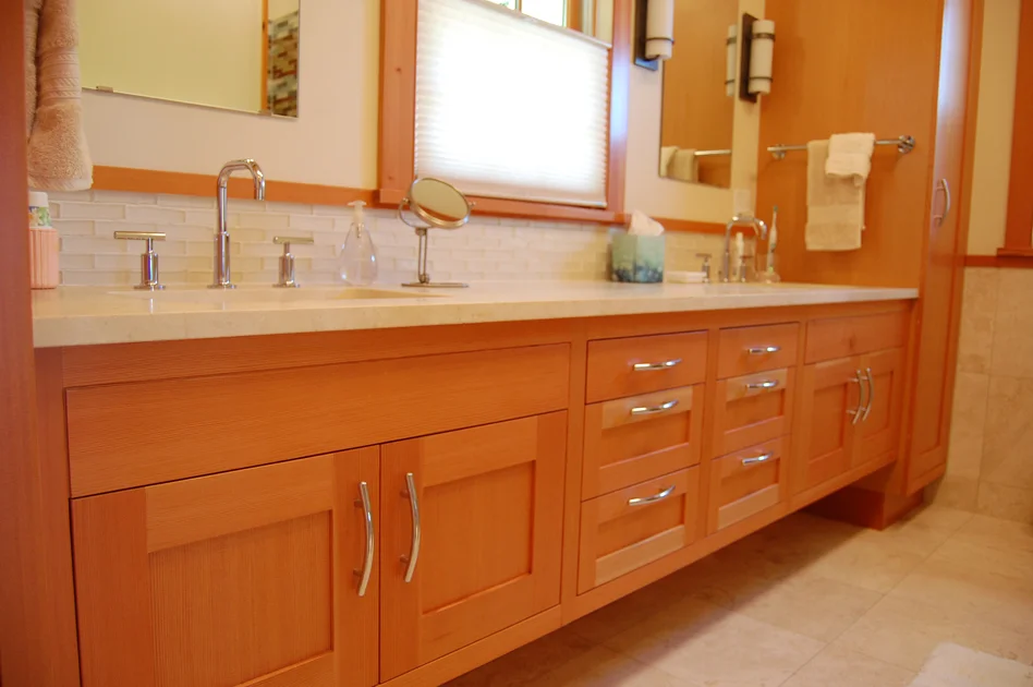 Clear Vertical Grain Douglas fir floating vanity.