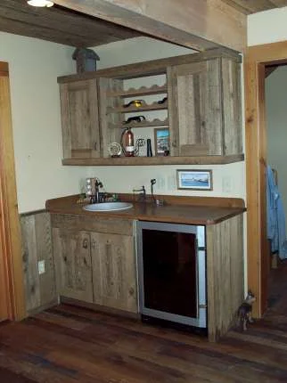 Weathered barn wood cabinets.