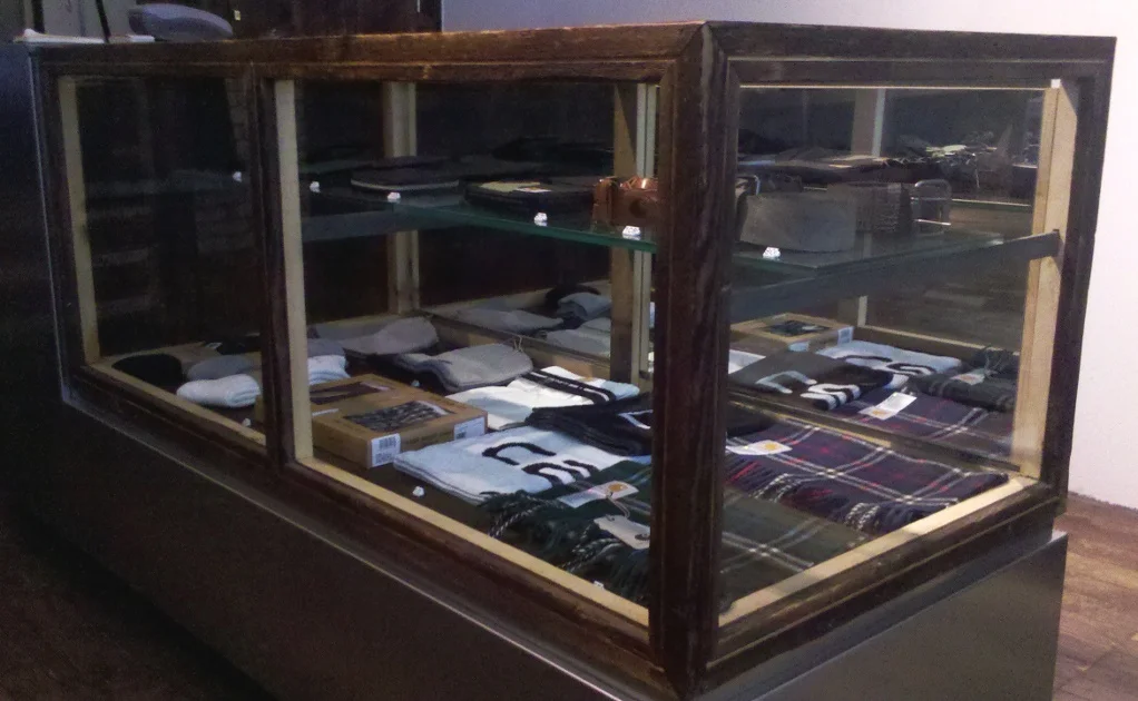 This may look like a traditional glass and wood display case, yet the wood has a very interesting history - it was salvaged from the Essex County Jail Complex in NJ. F17