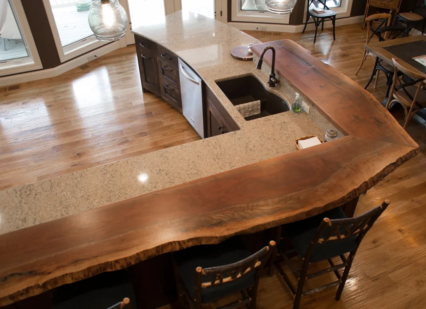 Top down view of live edge walnut counter.