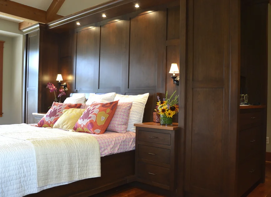 Stained Cherry Bed Frame, Headboard, and Cupboards