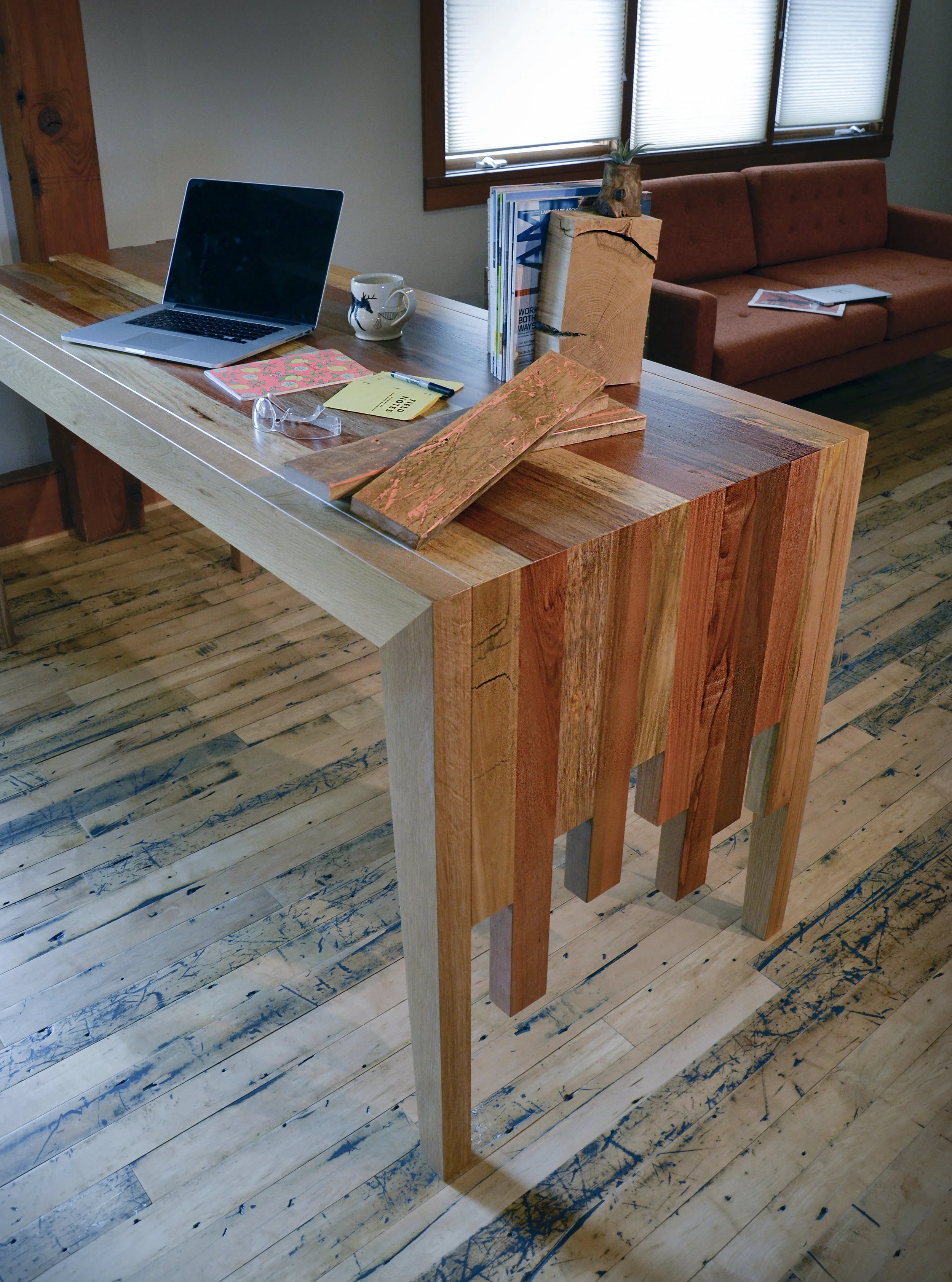 Reclaimed shipping container wood waterfall table