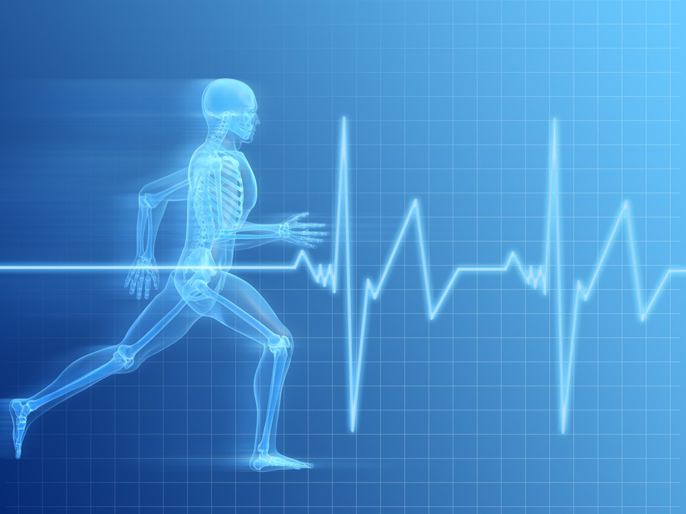 Illustration of transparent man running, Ultimate Health Personal Training Center - Studio City Heart rate graph overlay 