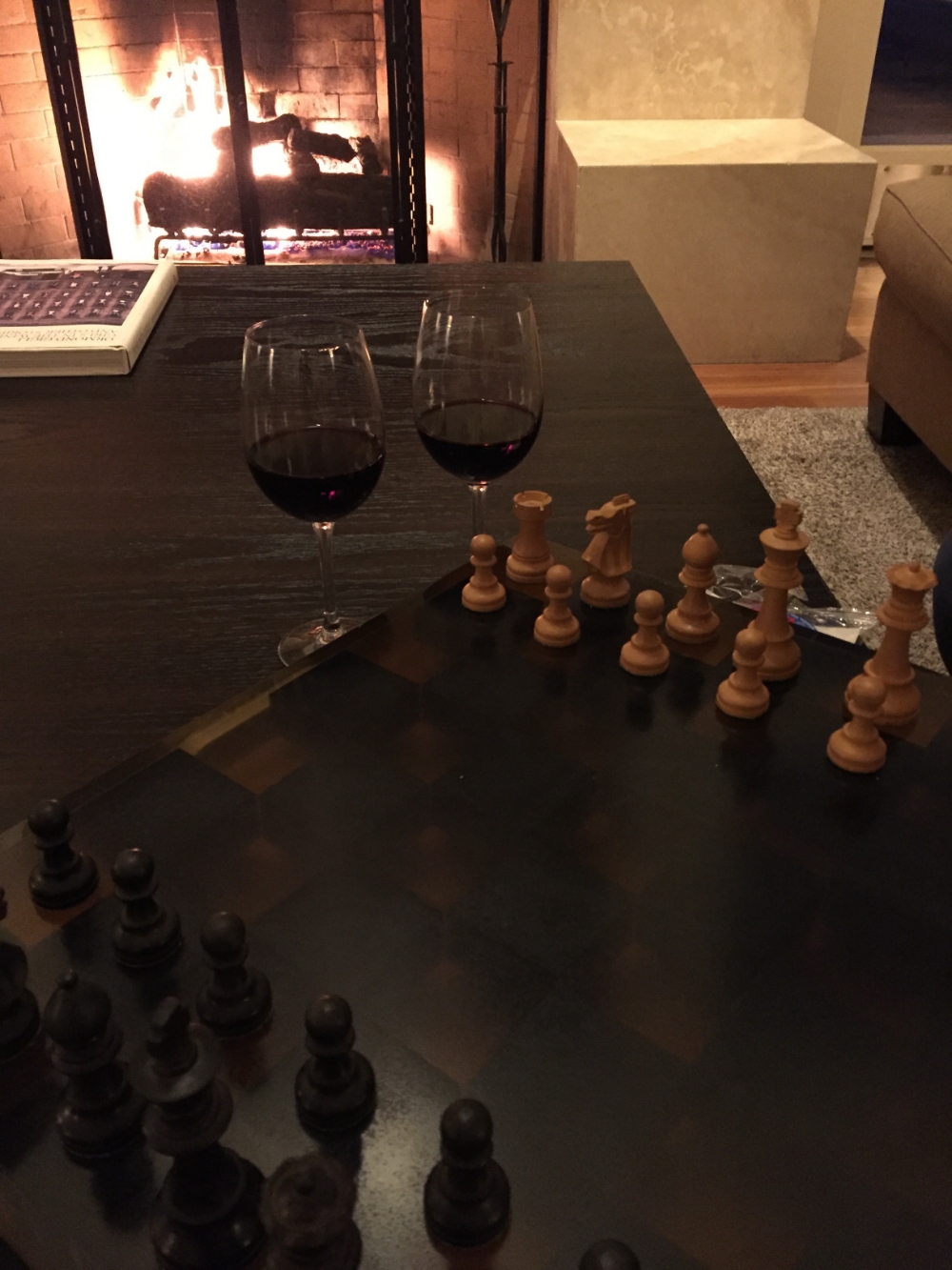 A game of chess, 2 glasses of wine, and a fireplace. Life's Good.