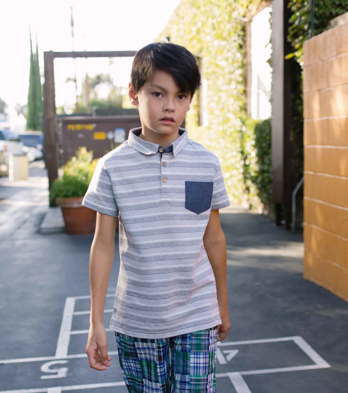 Heather grey textured jersey knit stripe polo