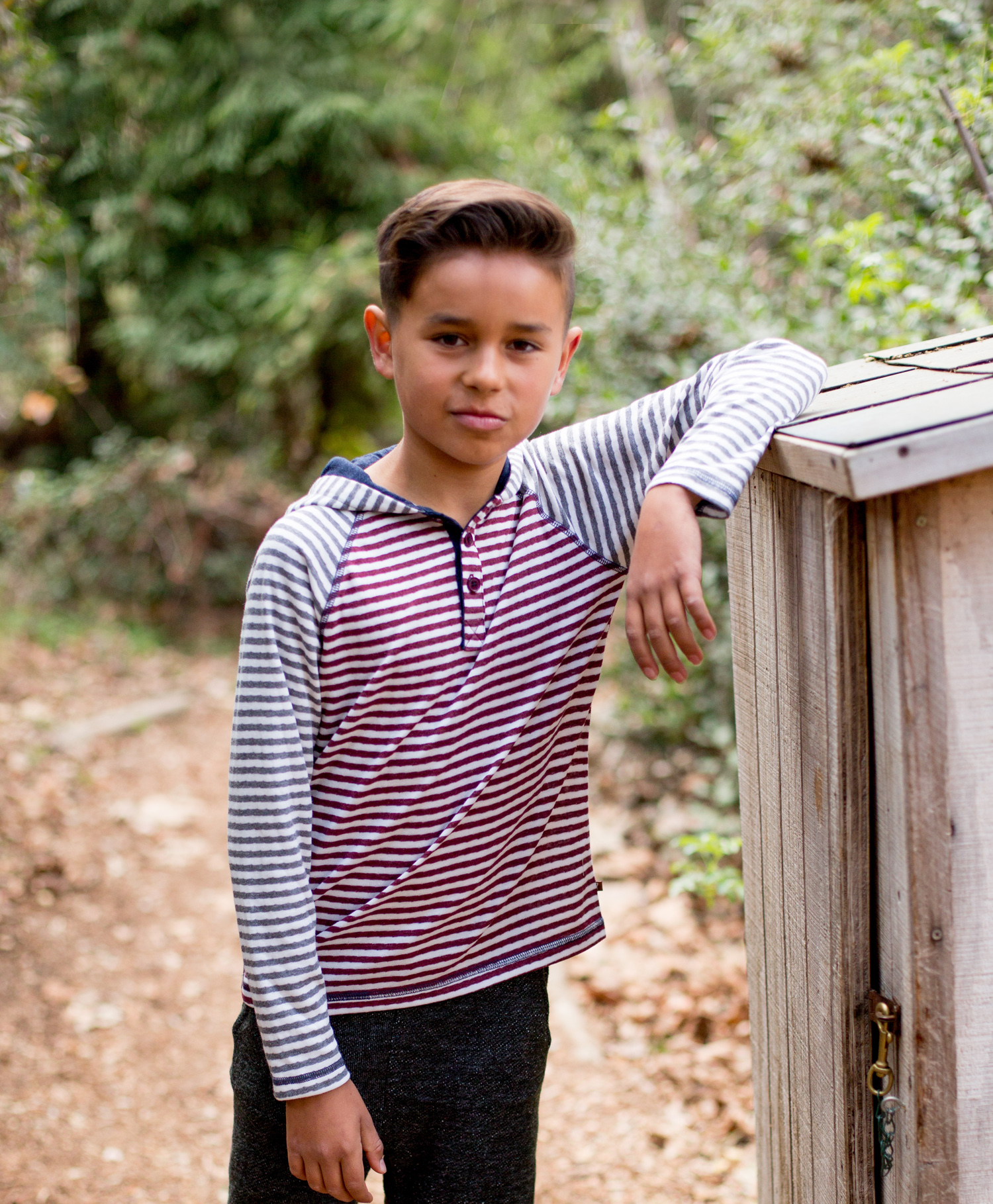 Grey/Burgundy Stripe Hooded Henley