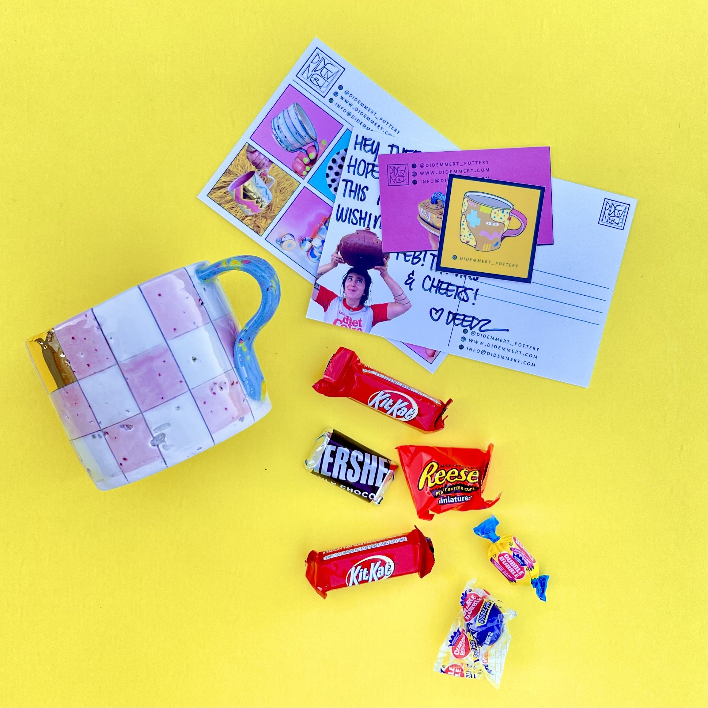  Above: All the goodies that go into a shipment!  Purchased pottery, a postcard, thank you note, care card sheet, sticker, and, of course, CANDY! 