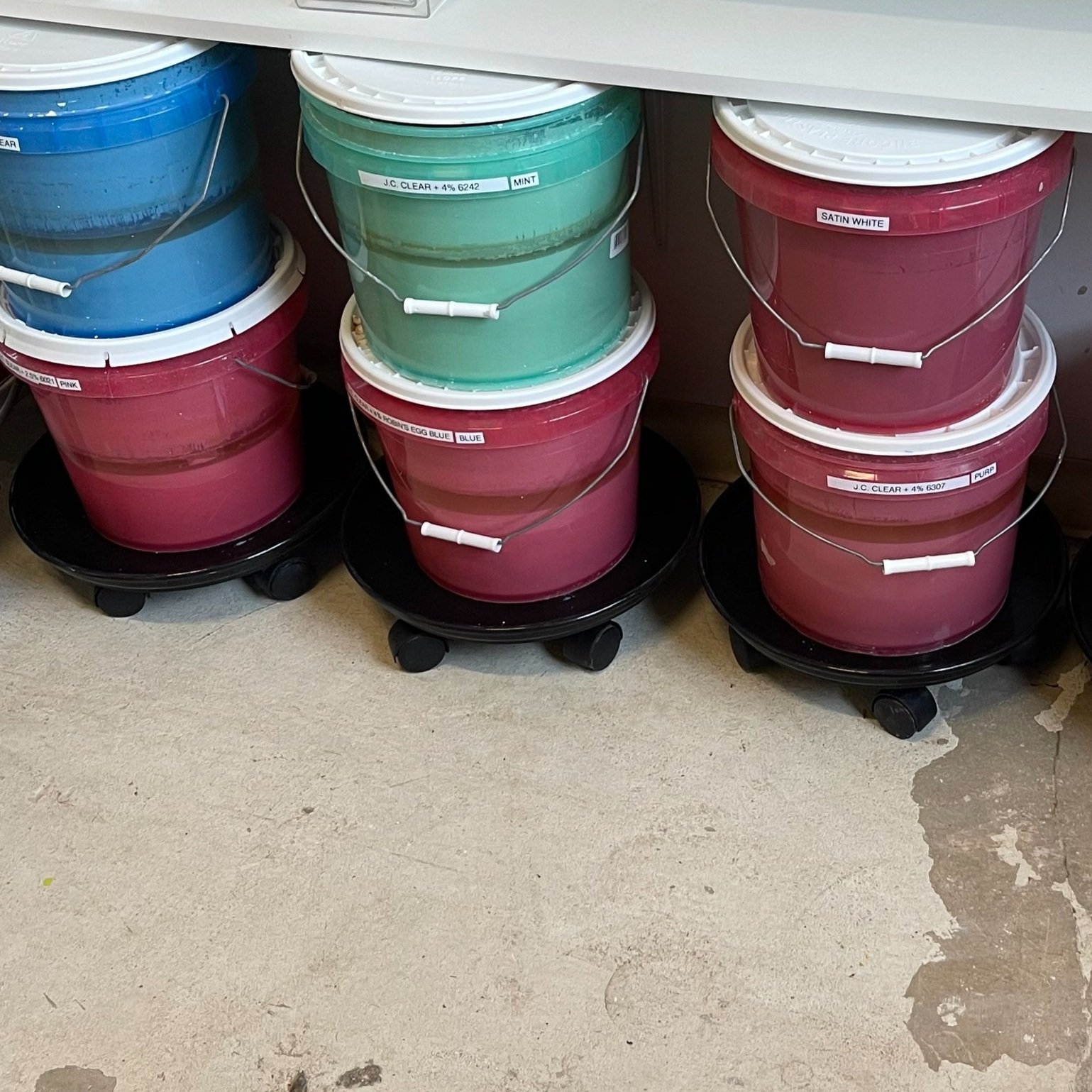  Above: 3.5 G buckets stacked on dollies.  Help your back out by using dollies! 