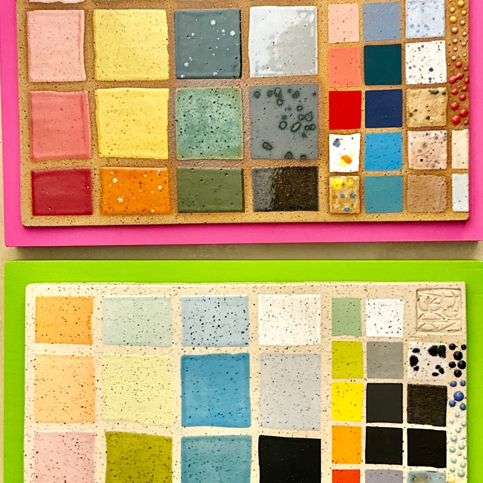  Above: Test tile boards!  Make a nice large slab, bisque, then either use stencils or tape to create a grid for glaze tests. 