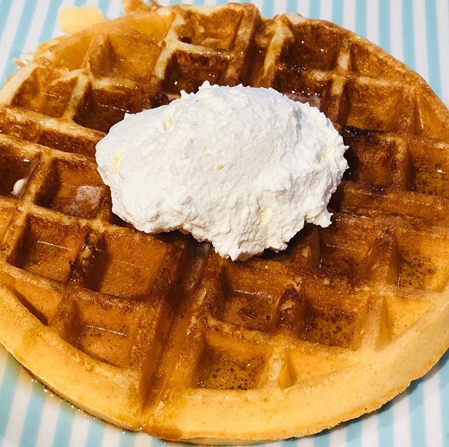 Whipped this up on a lazy #Sunday morning. There&rsquo;s no stopping a woman with a craving (and a toddler obsessed with breakfast food). Belgian waffles with homemade #vanilla whipped cream. #jewtalian #homemade #homecook #toddlerfood #belgianwaffle