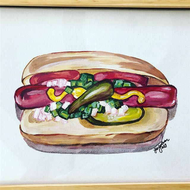 When your friends just get you and custom paint a piece of Chicago hotdog art for your new girl baby&rsquo;s nursery. #futurefoodie #chicago #chicagofoodie #chitownfoodie #jewtalian #chicagohotdog