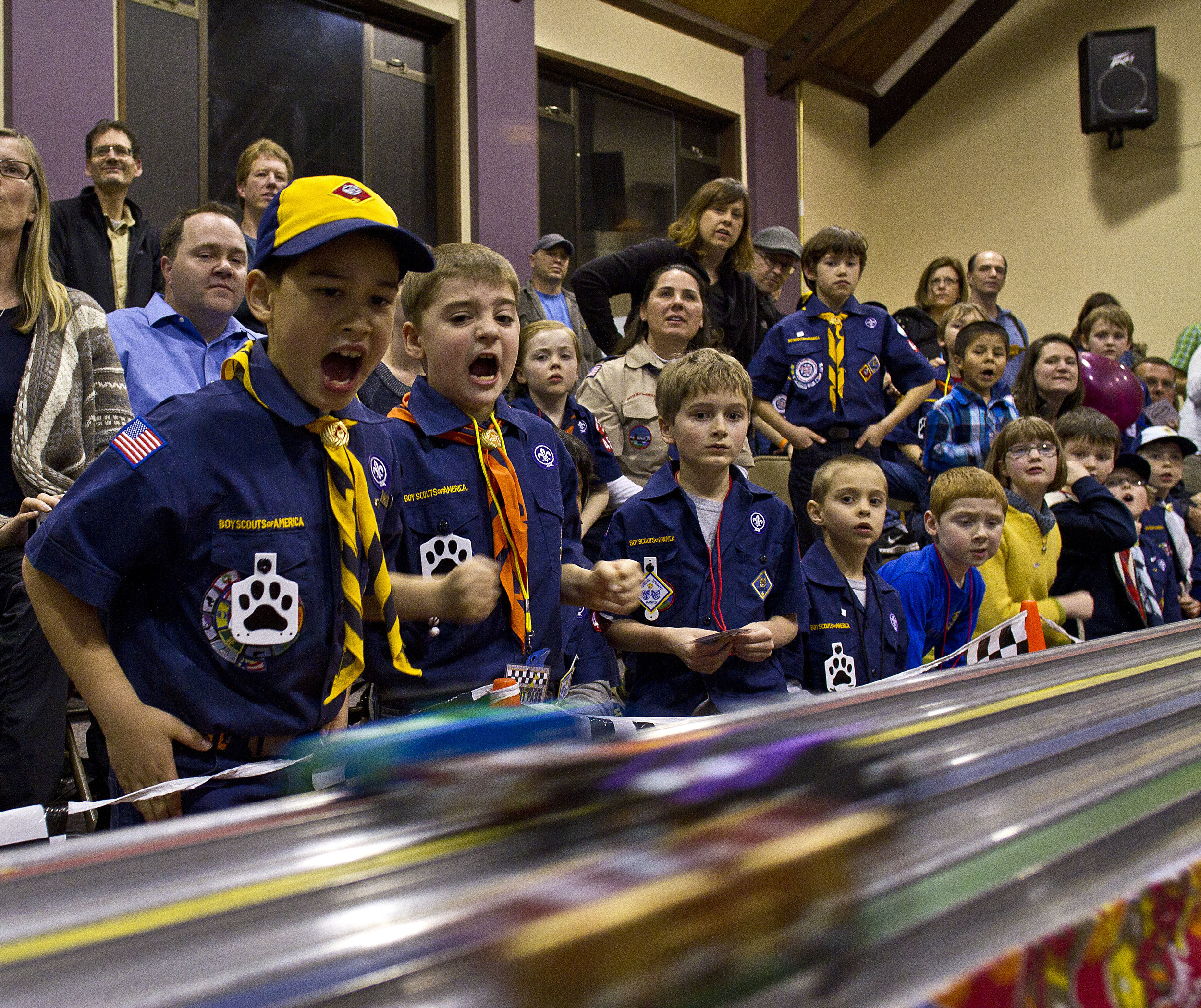 Cub scouts cheer at an annual pine wood derby racing event on Bainbridge Island.