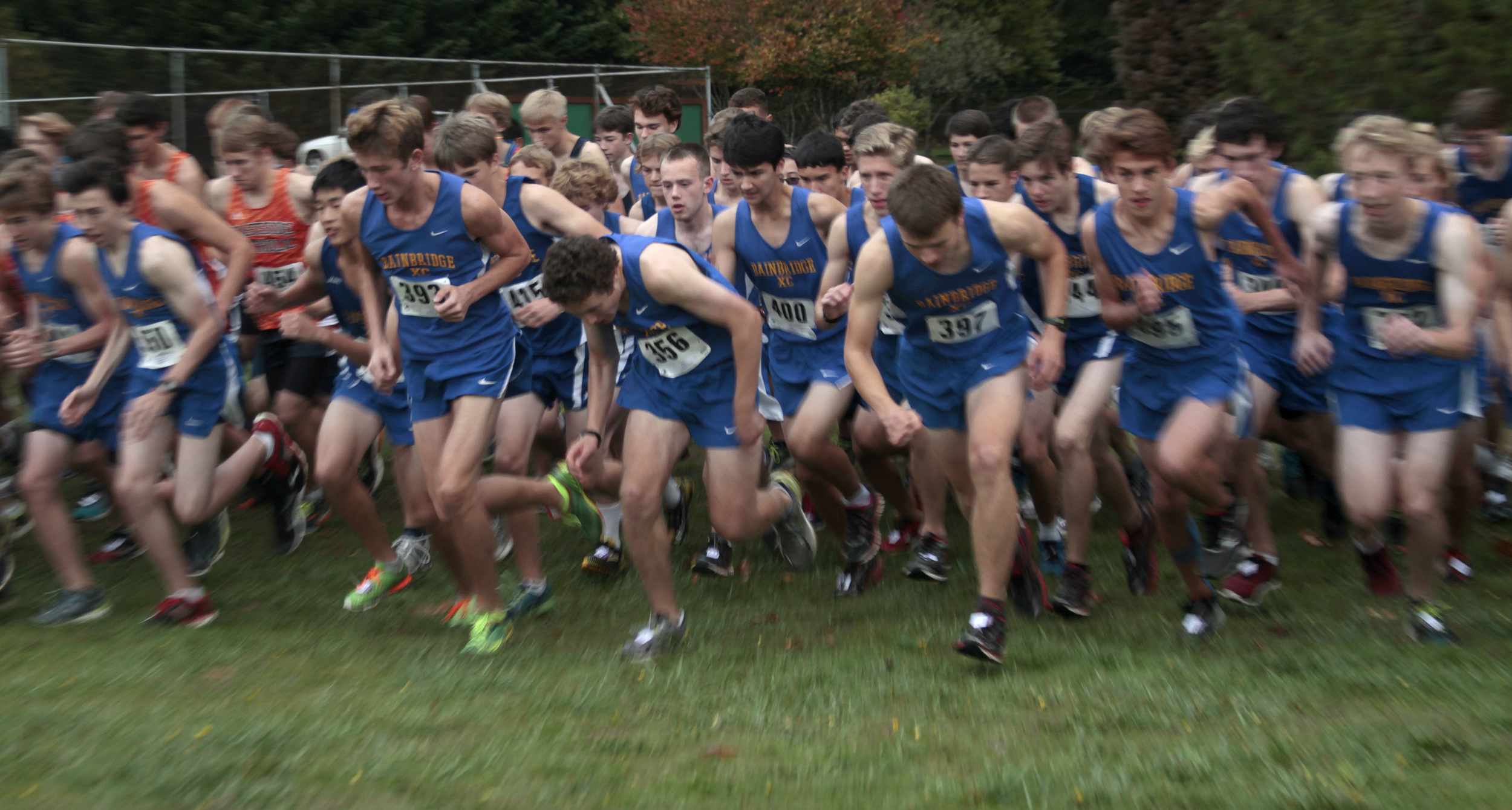  The start of the mens event at the sole home meet of the Bainbridge High cross country team’s last season.&nbsp;BHS took first place in both the mens and womens divisions, beating out runners from Eastside Catholic, Franklin and Chief Sealth 