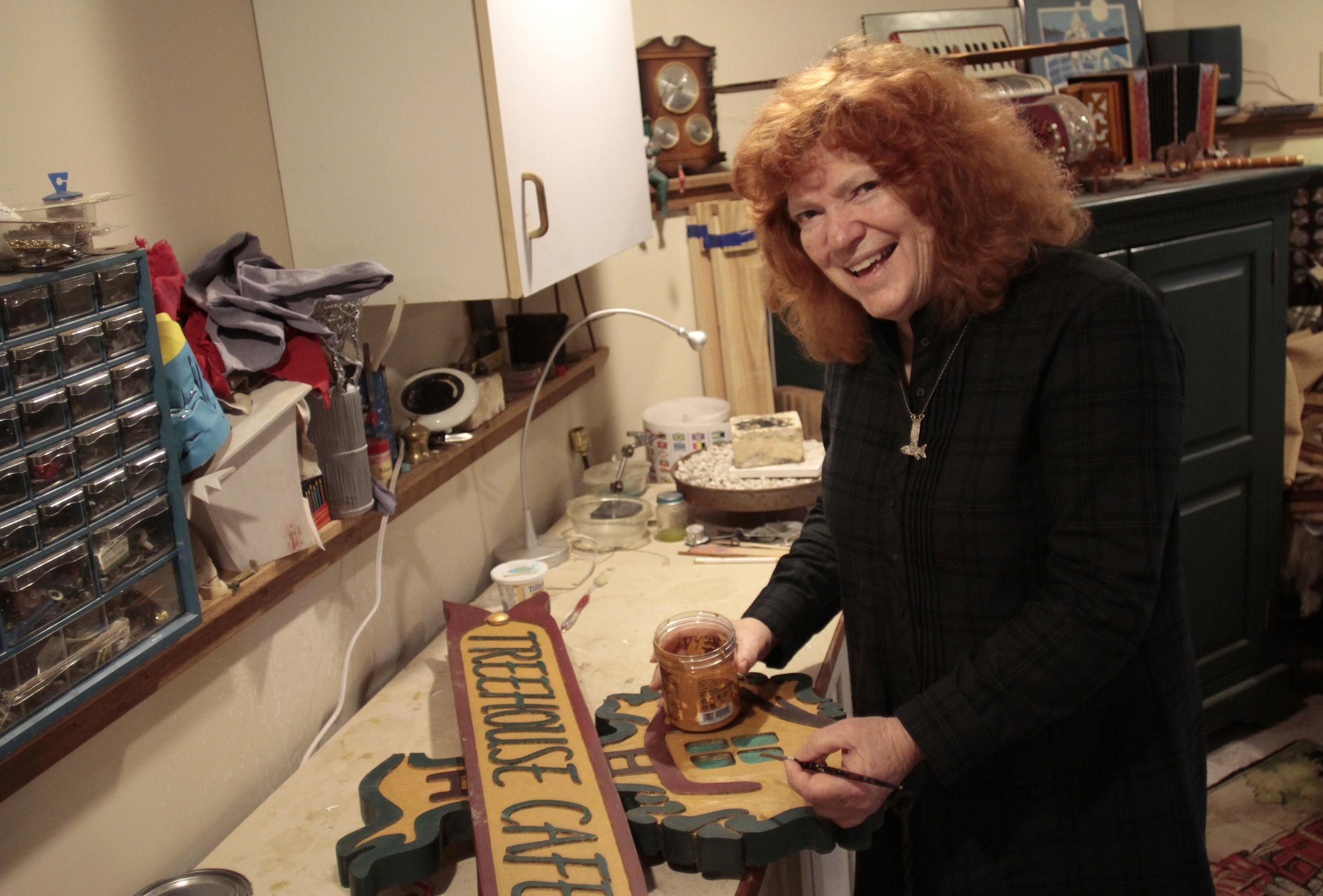  2016 Island Treasure Award recipient Denise Harris in her home studio on Bainbridge Island, Washington. Harris has been a regular Bainbridge Performing Arts contributor both on stage and behind the scenes for more than 30 years. She has also designe